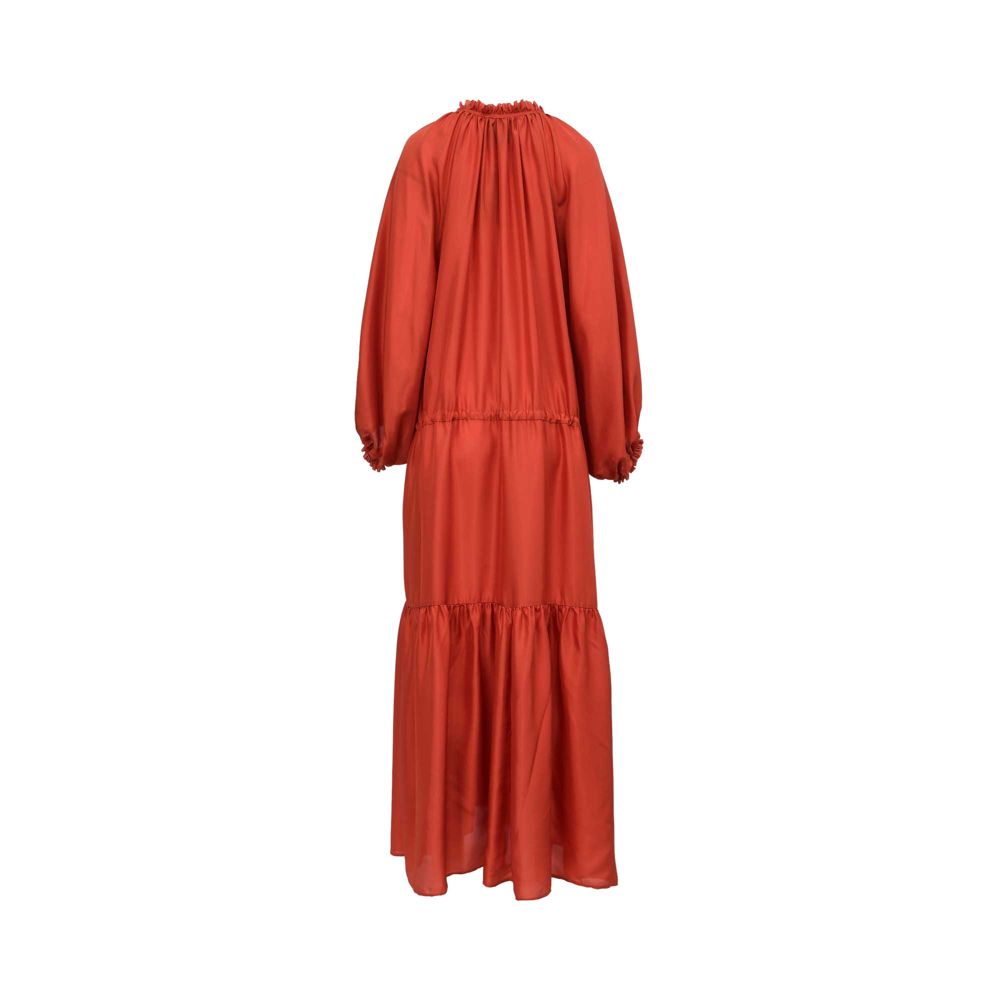 Back view of the Momoni rust blue maxi dress highlighting the fluid silk fabric and the gathered detail at the high neckline and waist.