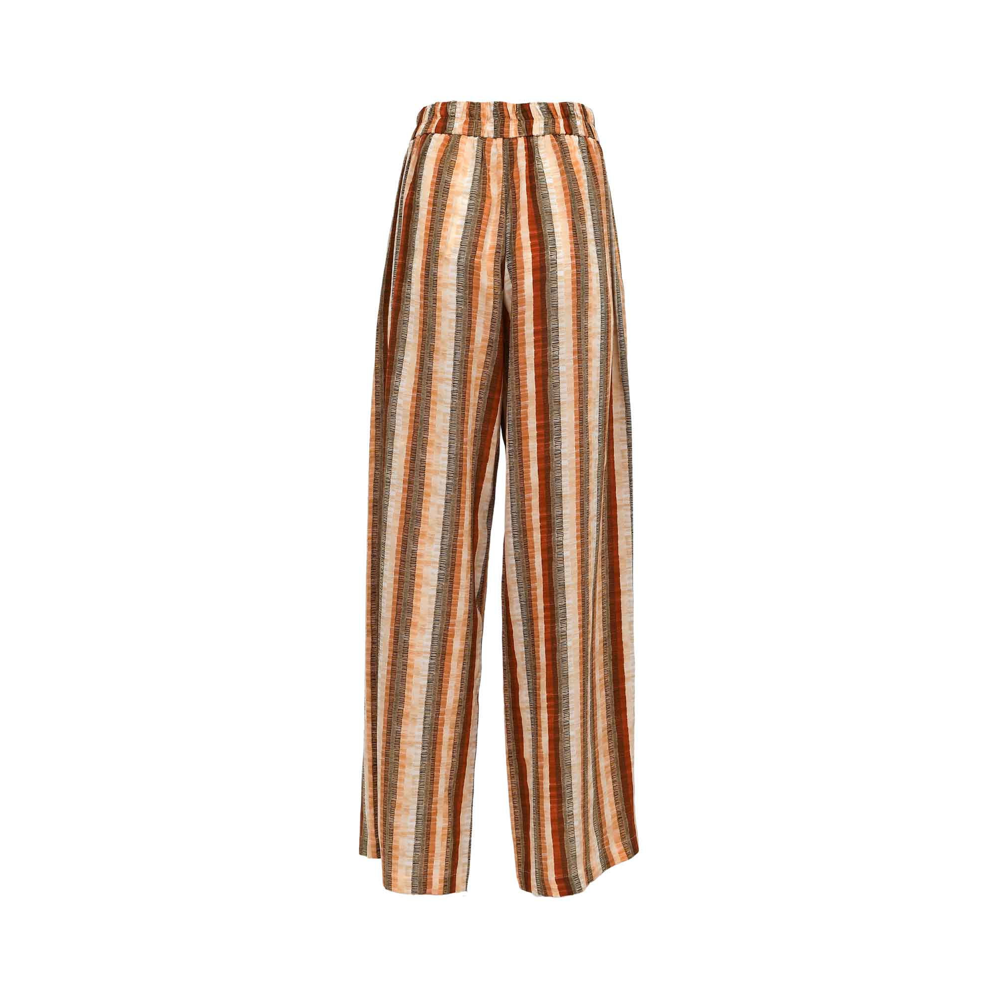 Back view of the mOMOMI wide-leg trousers, showcasing the continuous vertical earth-toned stripe pattern and the gathered elastic detailing at the rear waistband against a solid white background.