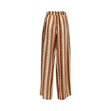Back view of the mOMOMI wide-leg trousers, showcasing the continuous vertical earth-toned stripe pattern and the gathered elastic detailing at the rear waistband against a solid white background.