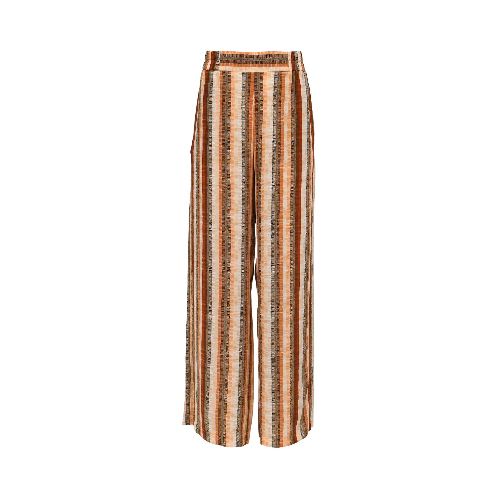 Front view of mOMOMI wide-leg trousers featuring a vertical striped pattern in shades of brown, terracotta, cream, and beige, with a comfortable elastic waistband against a solid white background.