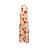 Back view of the Momoni floral maxi dress showcasing the elegant deep V-cut open back and the continuous watercolor pattern.
