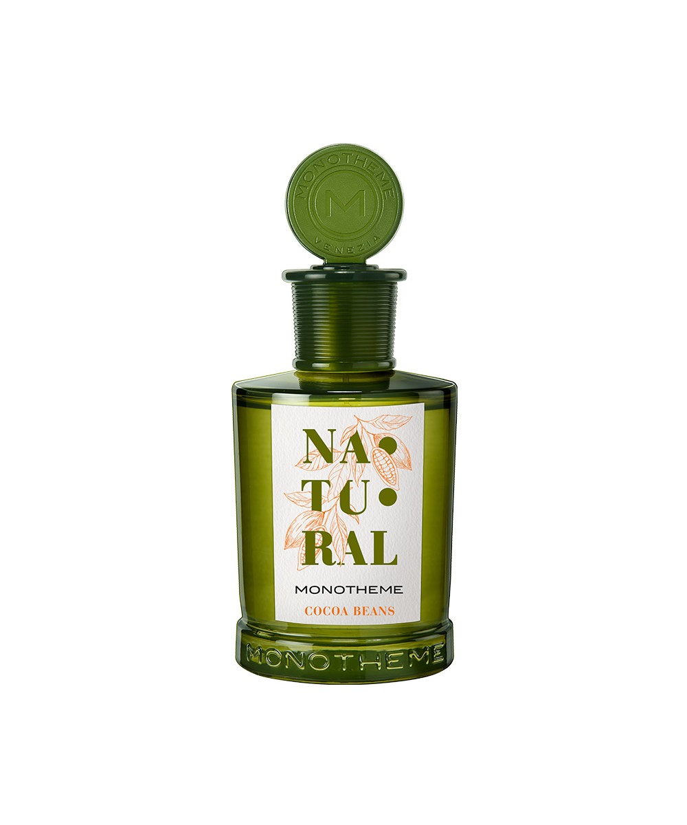 Monotheme Natural Cocoa Beans Eau de Toilette 100ml in an apothecary-style green glass bottle with a round 'M' embossed cap.