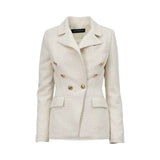 Front view of the MOONMAINS cream bouclé tweed blazer featuring double-breasted gold buttons and peaked lapels.