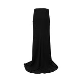 Back view of the MOONMAINS floor-length black mermaid skirt .