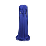 The back view of the MOONMAINS burgundy lace gown showing the high-neck collar, full-length lace coverage, and a hidden center back zipper.