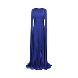 A full-length front view of a blue MOONMAINS floral lace gown featuring a high neck, long sleeves with flared cuffs, and a tiered skirt hem against a white background.