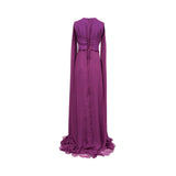 The back view of the MOONMAINS burgundy lace gown showing the high-neck collar, full-length lace coverage, and a hidden center back zipper.