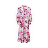 Front view of a white MOONMAINS maxi dress featuring a vibrant pink and purple watercolor floral print, bishop sleeves, and a button-down front.
