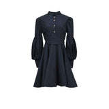 Front view of a dark indigo MOONMAINS mini dress with a high collar, gold buttons, bishop sleeves, and a flared skirt.