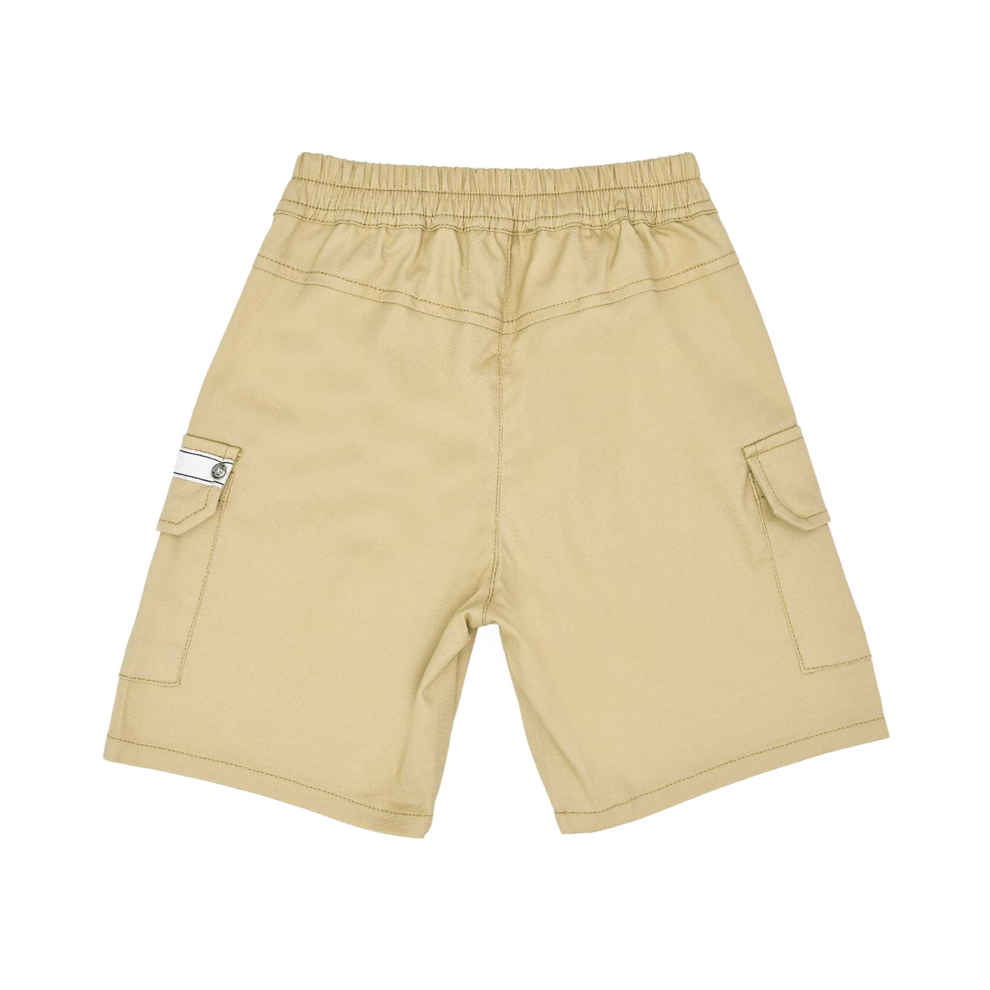 Rear view of the khaki baby shorts showing the elasticated waistband and pocket placement.