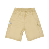 Rear view of the khaki baby shorts showing the elasticated waistband and pocket placement.