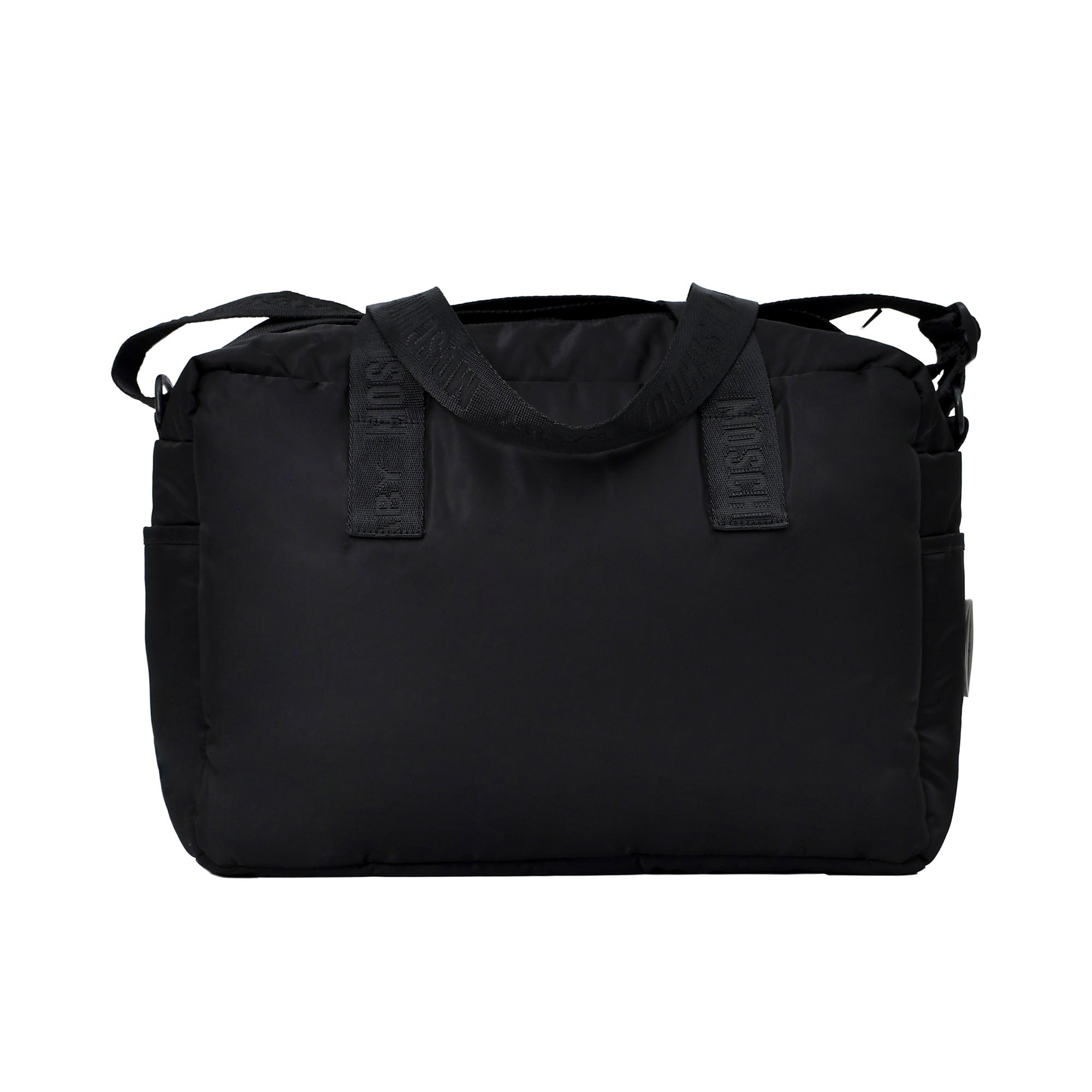 Rear view of the black changing bag highlighting the tonal logo-print top handles and clean nylon finish.