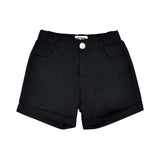 Detailed front view of the black cotton shorts featuring a silver-tone button and tailored front pockets.