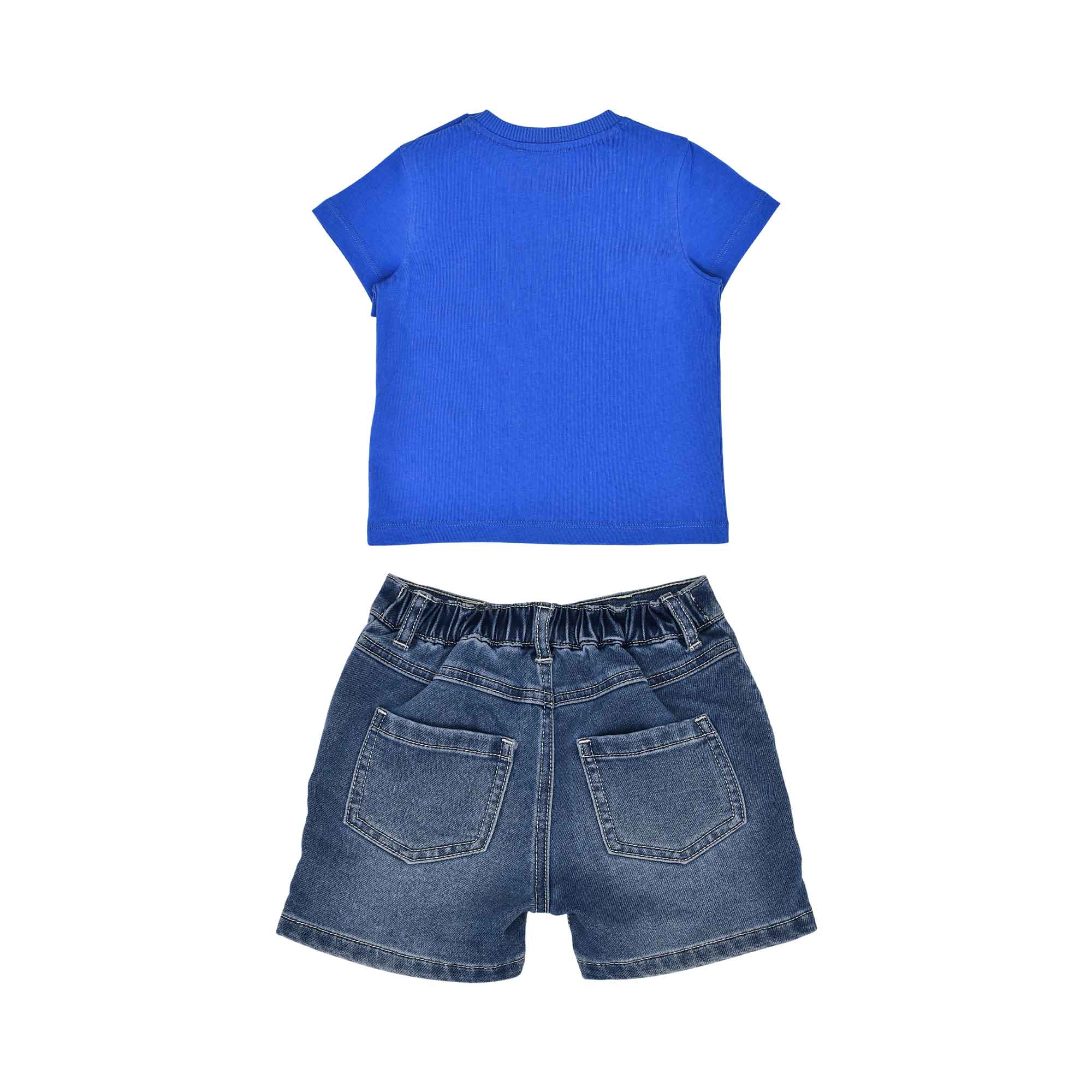 Rear view of the Moschino Baby set showing the plain blue T-shirt back and the denim shorts with functional back pockets and elasticated waist.