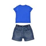 Rear view of the Moschino Baby set showing the plain blue T-shirt back and the denim shorts with functional back pockets and elasticated waist.