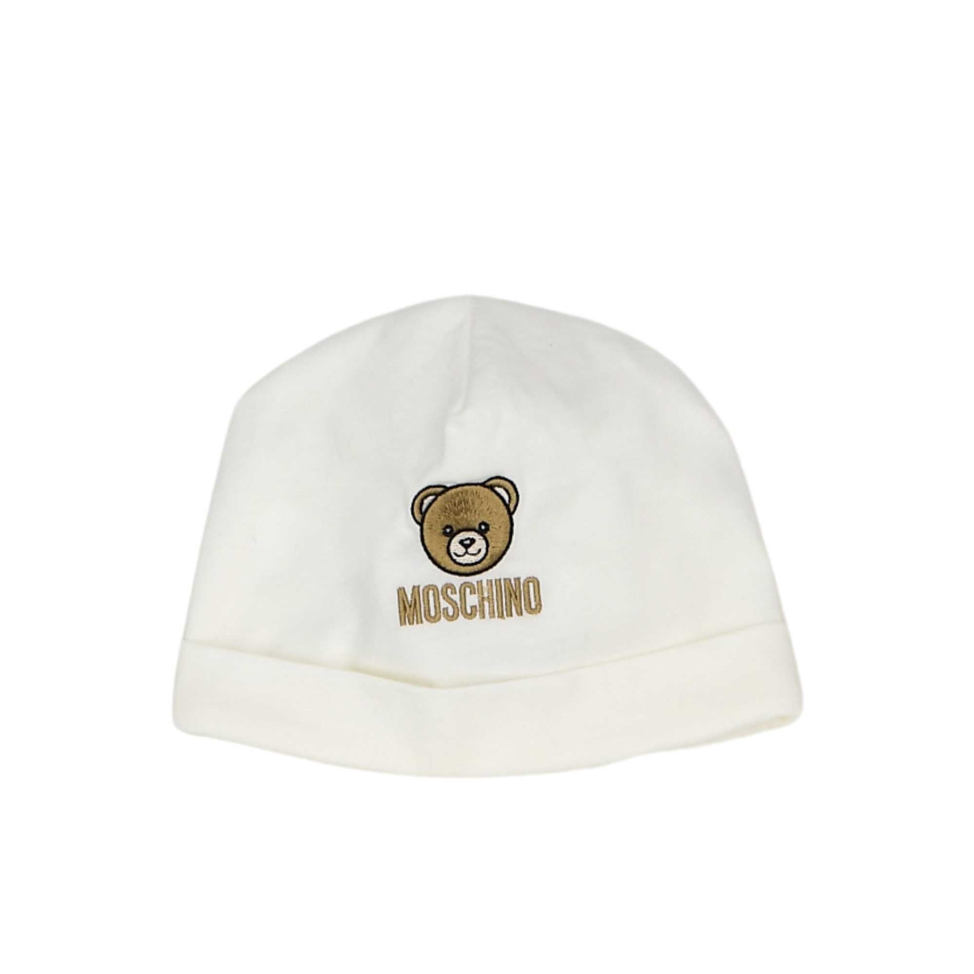 White beanie with Moschino logo and bear emblem on a white background