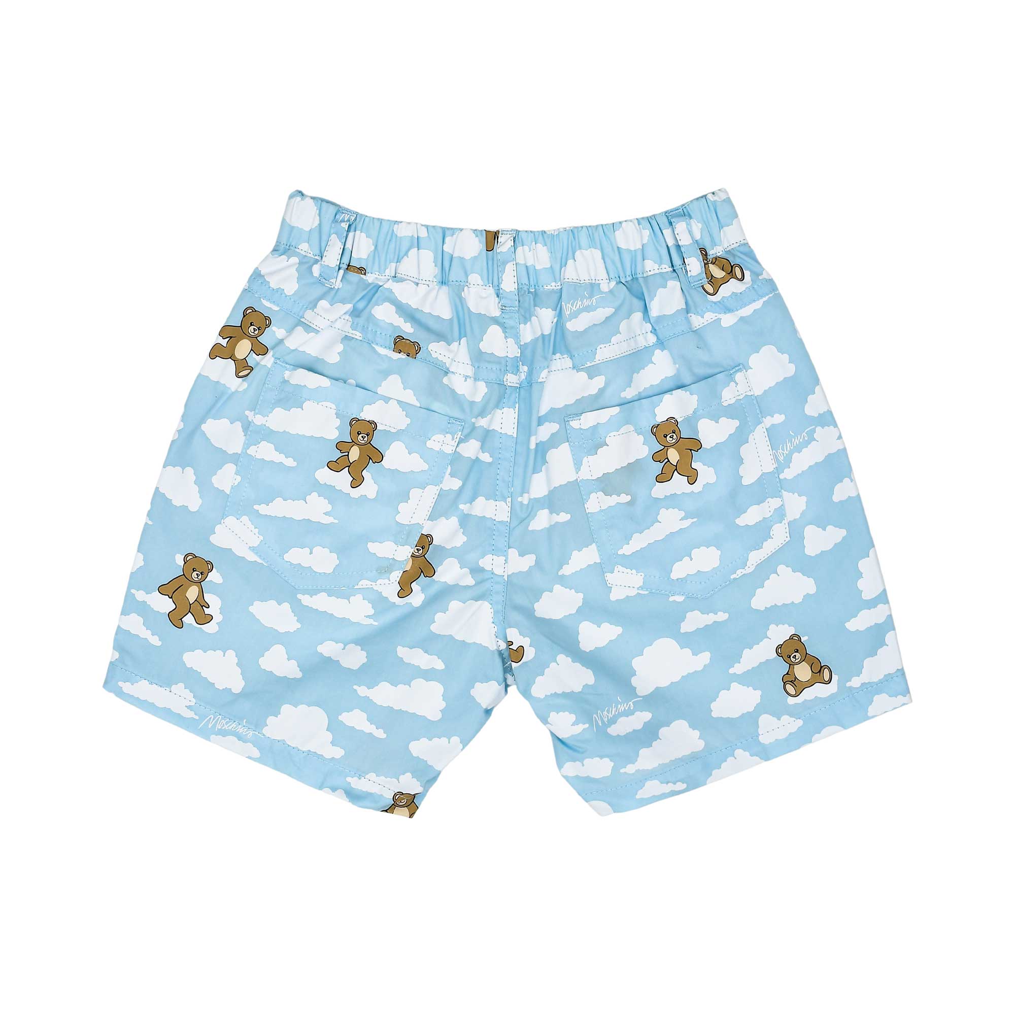 Rear view of the printed Moschino Baby shorts showcasing the elasticated waistband and two functional back pockets.