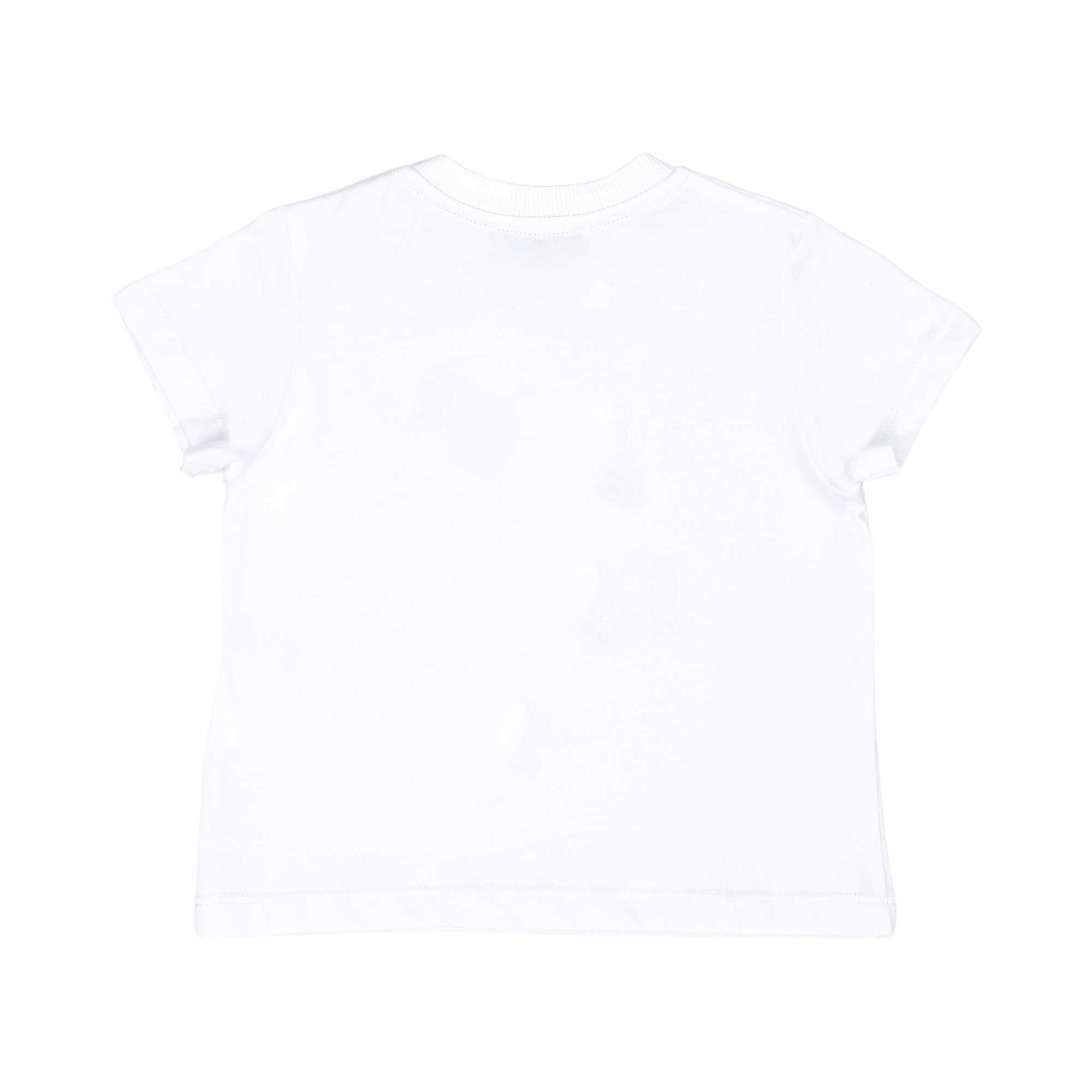 The back of the white baby T-shirt showcasing the clean stitching and soft fabric texture.