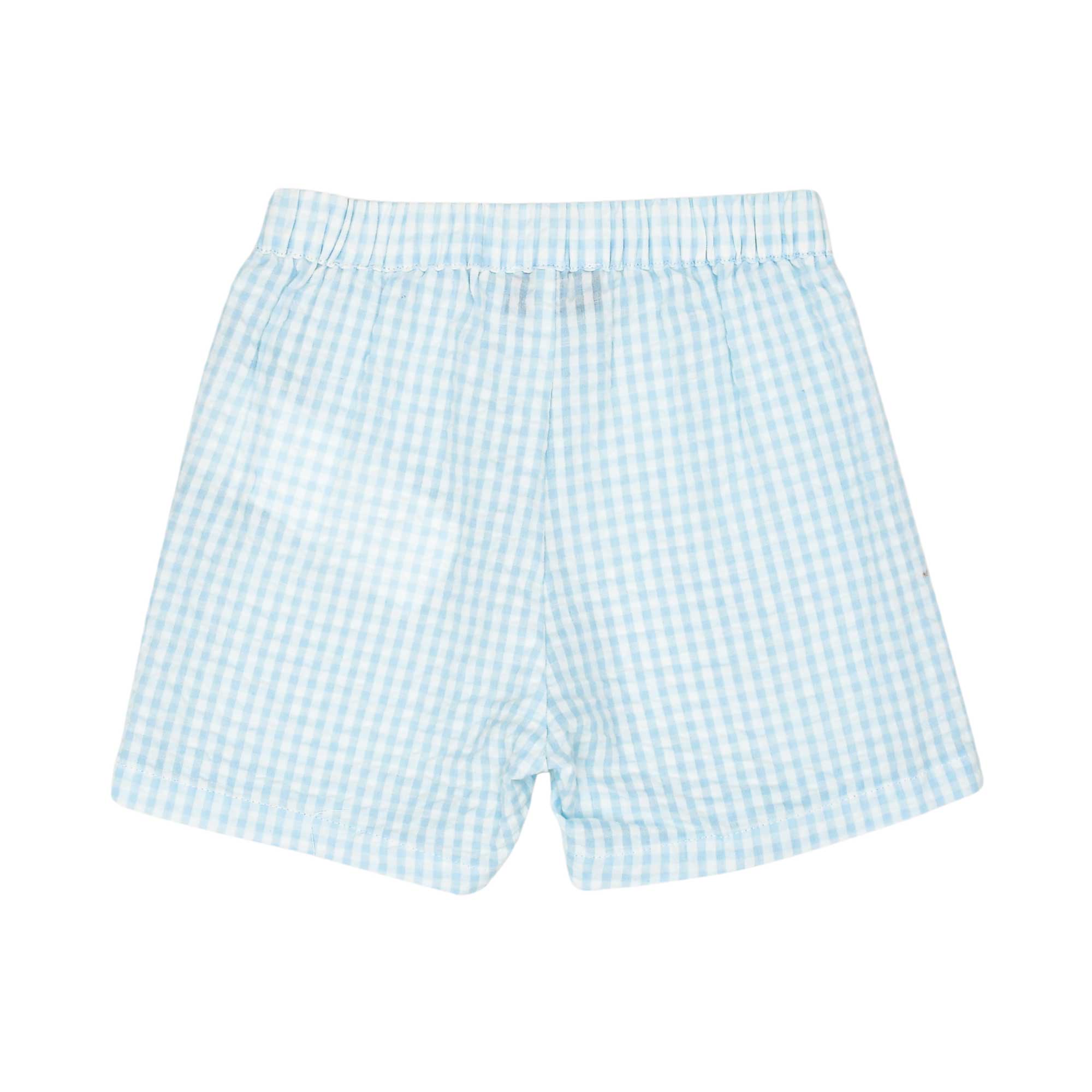 Rear view of the gingham shorts showing the consistent checkered pattern and elasticated waist.