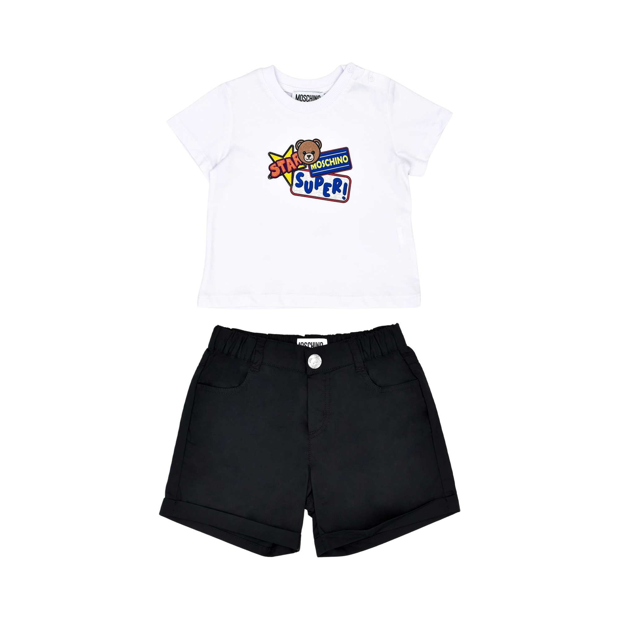 A coordinated Moschino Baby set including a white T-shirt with a colorful "Super Star" Teddy Bear graphic and matching black shorts.