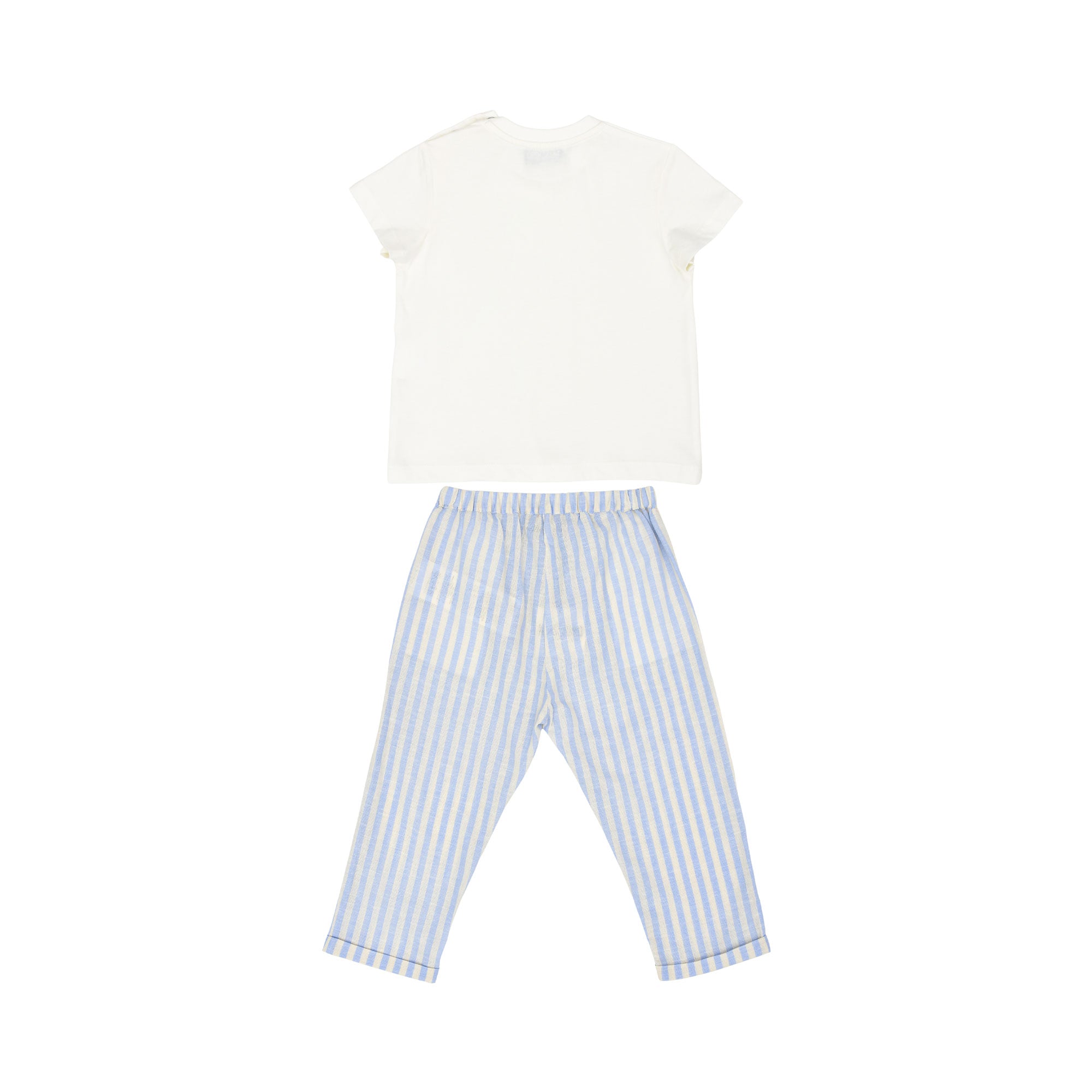 The back of the white baby T-shirt and striped linen trousers, showing the clean design and elasticated waistband.