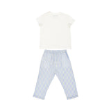 The back of the white baby T-shirt and striped linen trousers, showing the clean design and elasticated waistband.