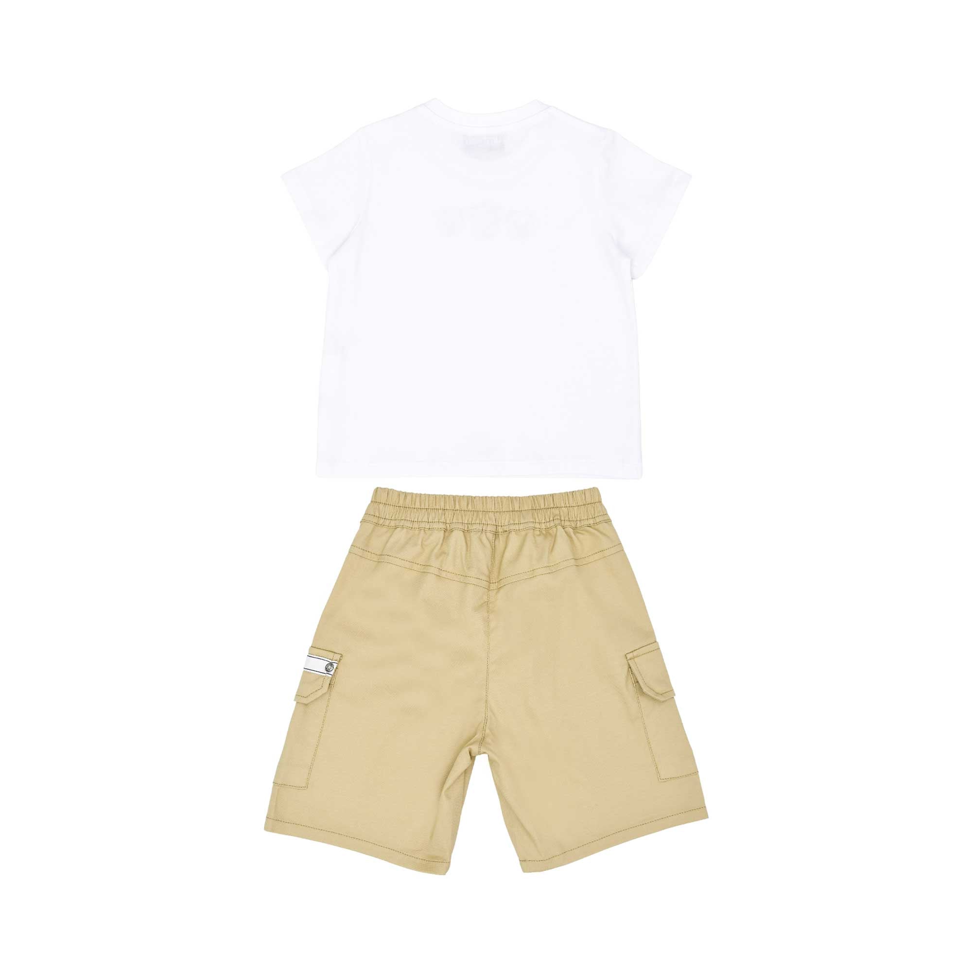 The back of the Moschino baby set showing the plain white T-shirt and the rear view of the khaki cargo shorts with an elasticated waist.