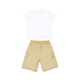 The back of the Moschino baby set showing the plain white T-shirt and the rear view of the khaki cargo shorts with an elasticated waist.