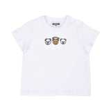 Detailed view of the white cotton baby T-shirt highlighting the three teddy bear graphics and shoulder snap buttons.