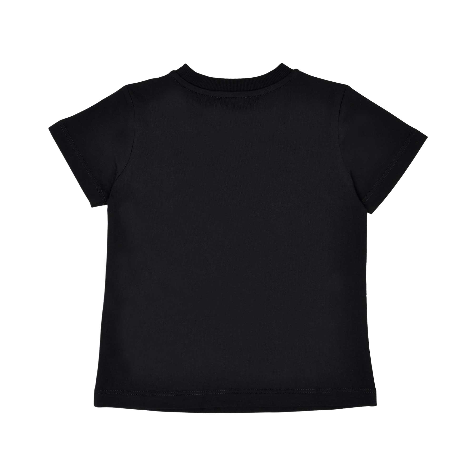 Rear view of the plain black cotton T-shirt showing the crew neckline and short sleeve construction.