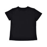 Rear view of the plain black cotton T-shirt showing the crew neckline and short sleeve construction.