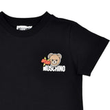 Close-up of the chest embroidery highlighting the textured Teddy Bear astronaut patch, the colorful "STAR" graphic, and the Moschino brand label.