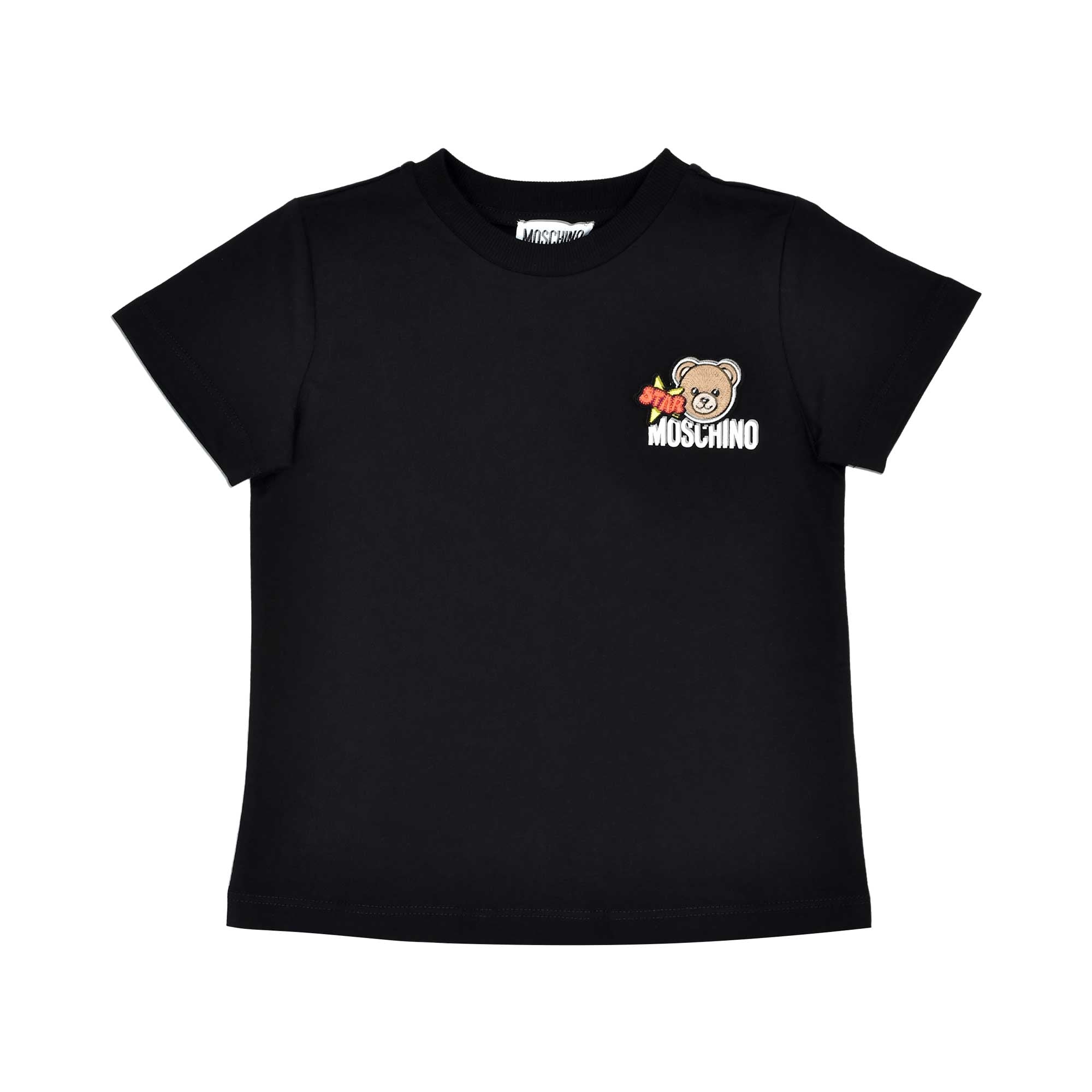 Front view of a black short-sleeved kids' T-shirt featuring an embroidered Moschino Teddy Bear astronaut and "STAR" logo on the chest.