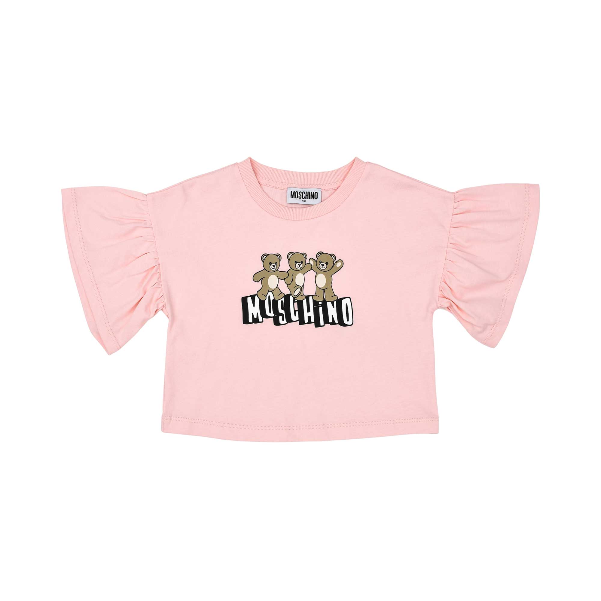 Detailed front view of the light pink T-shirt highlighting the three Moschino teddy bears and ruffled sleeves.