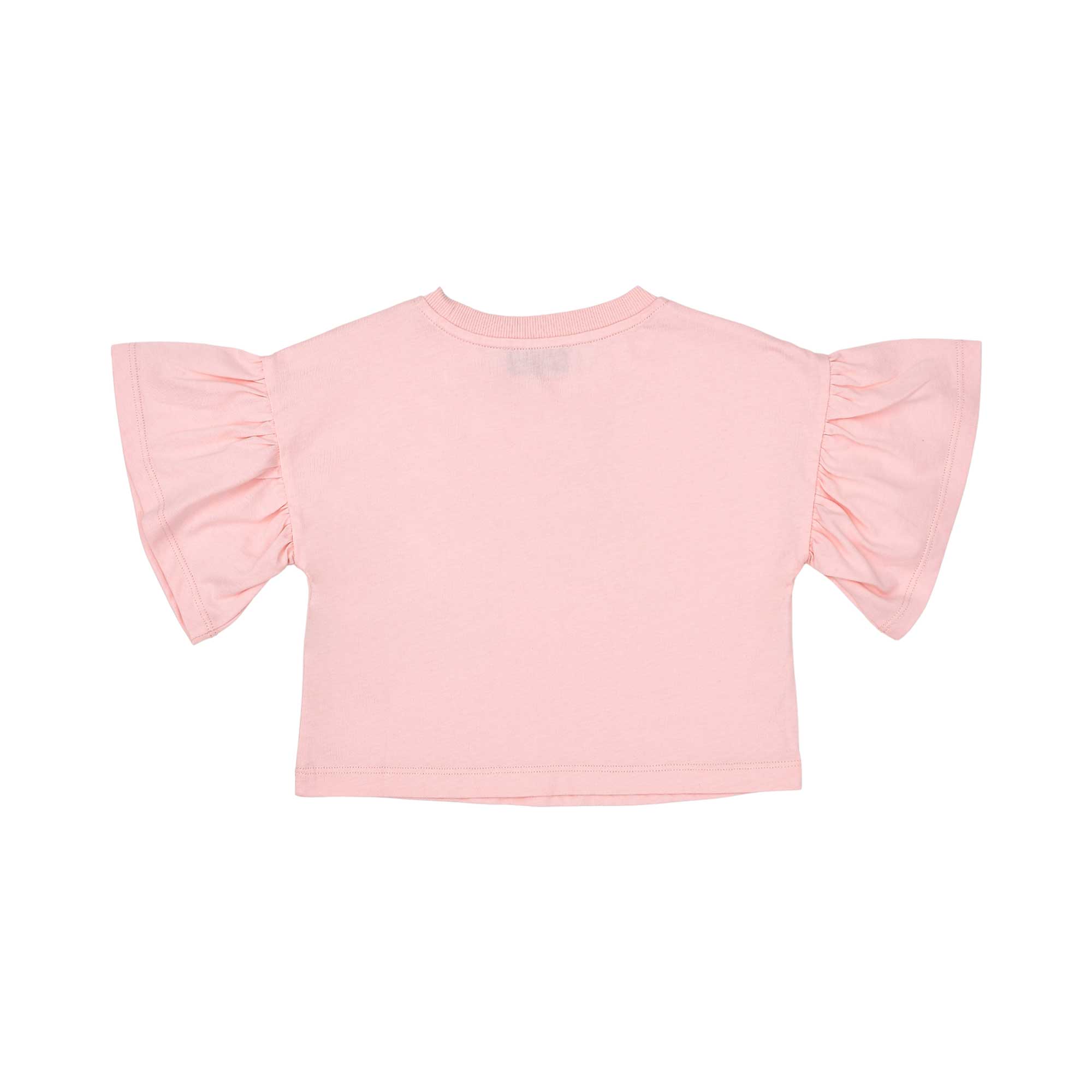 The plain back of the pink cotton T-shirt, showcasing the flared sleeve construction.