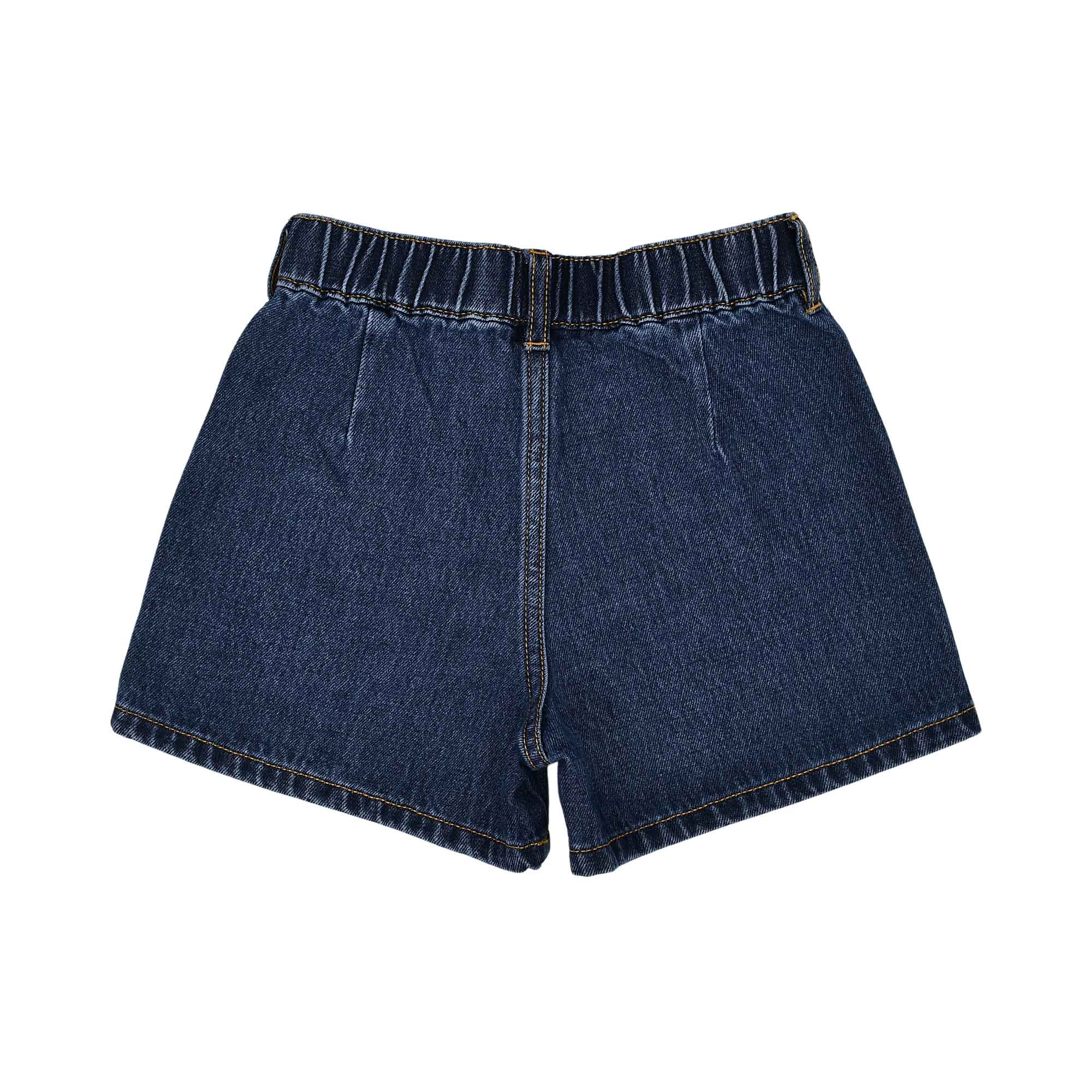 Rear view of the denim shorts showing the elasticated waistband and vertical seam detailing.