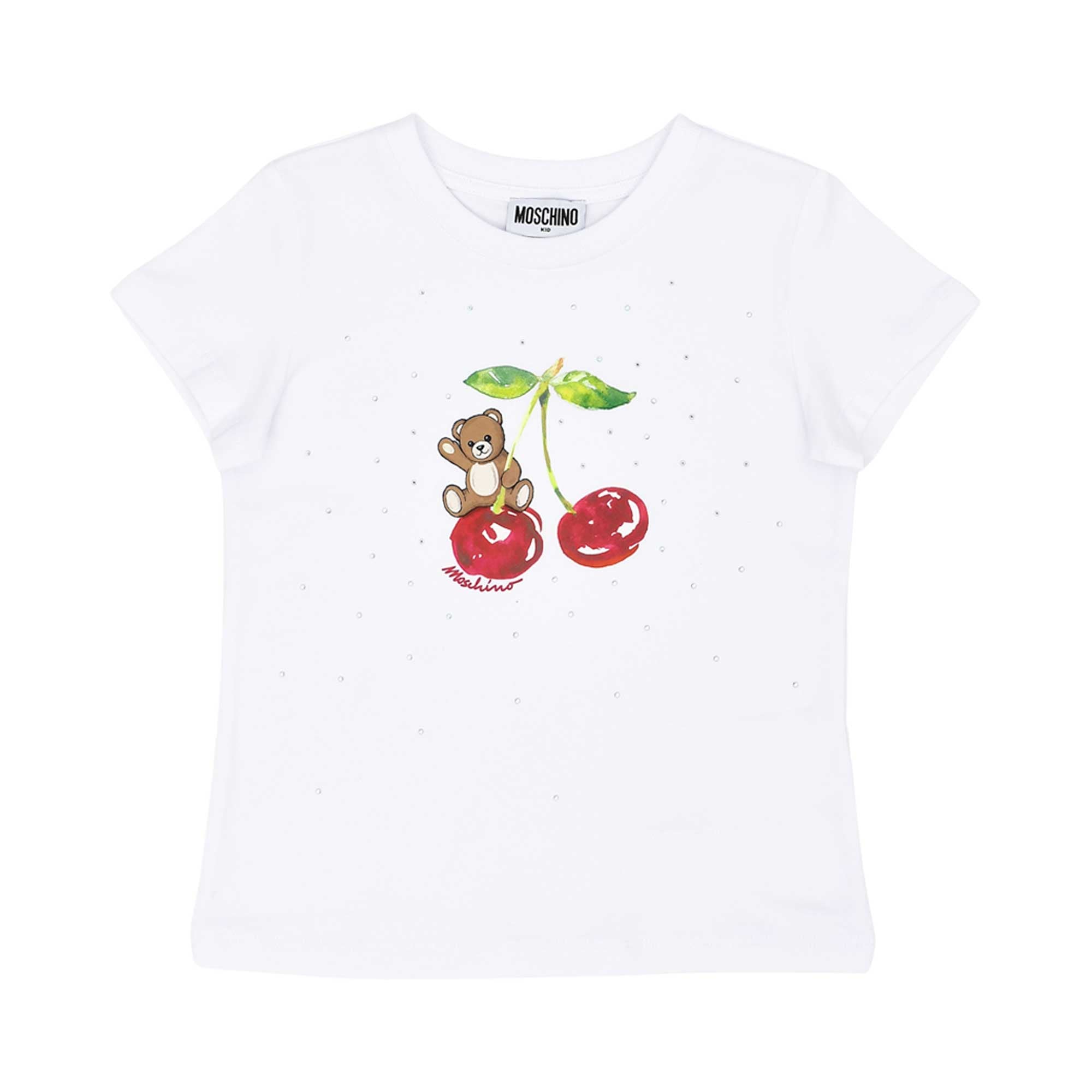 Detailed front view of the white T-shirt highlighting the watercolor cherry Teddy Bear and scattered crystal embellishments.