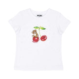 Detailed front view of the white T-shirt highlighting the watercolor cherry Teddy Bear and scattered crystal embellishments.