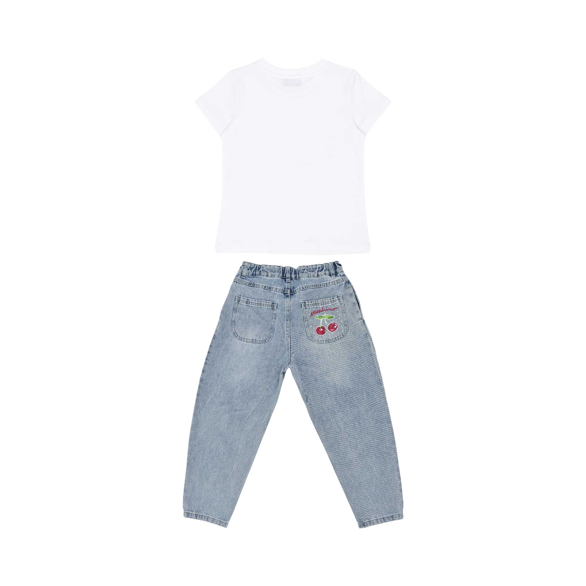 Rear view of the Moschino Kid set showing the plain white T-shirt and denim jeans with a cherry graphic on the back pocket.