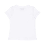 The plain back of the short-sleeved white cotton T-shirt.
