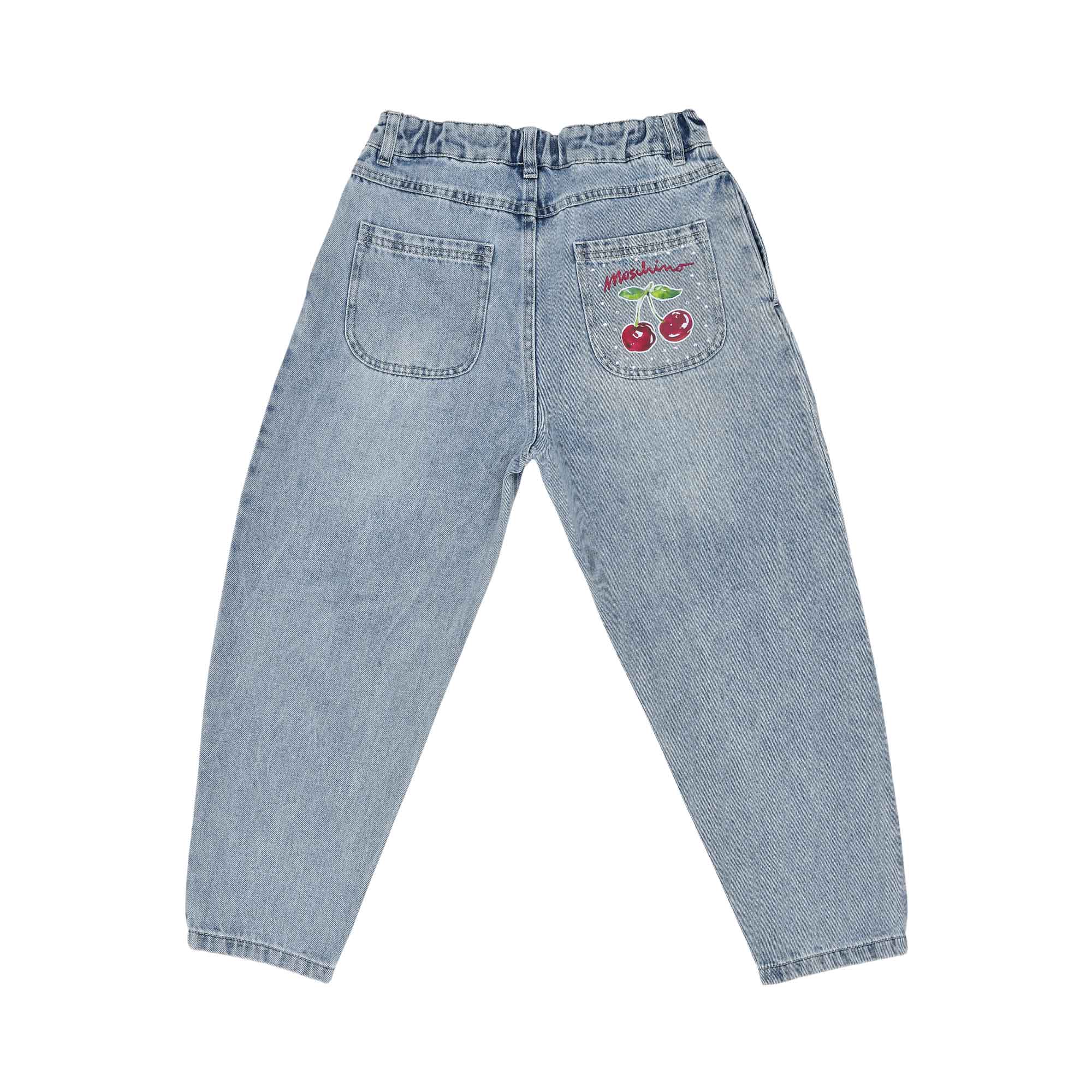 Detailed rear view of the denim jeans showcasing the cherry and logo graphic on the right back pocket.