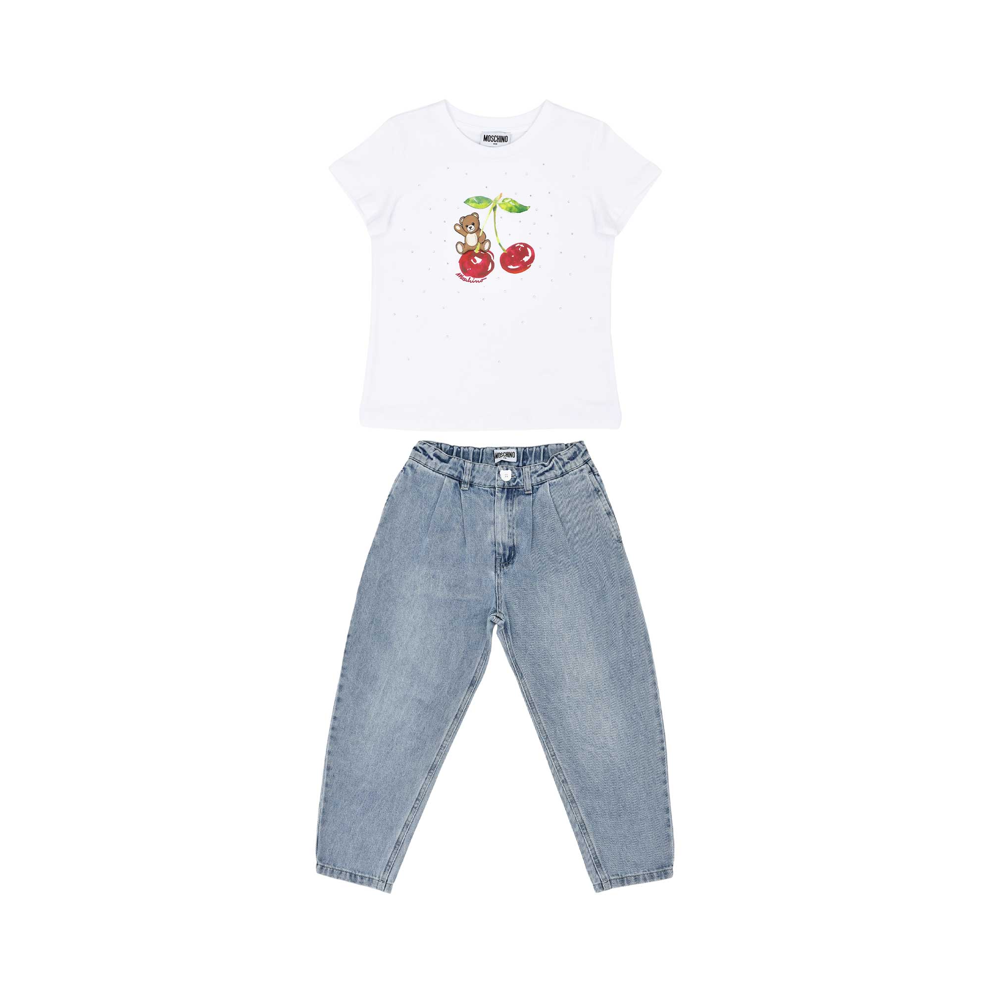 A children's two-piece set featuring a white T-shirt with a cherry-themed Teddy Bear graphic and light-wash tapered denim jeans.