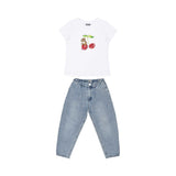 A children's two-piece set featuring a white T-shirt with a cherry-themed Teddy Bear graphic and light-wash tapered denim jeans.