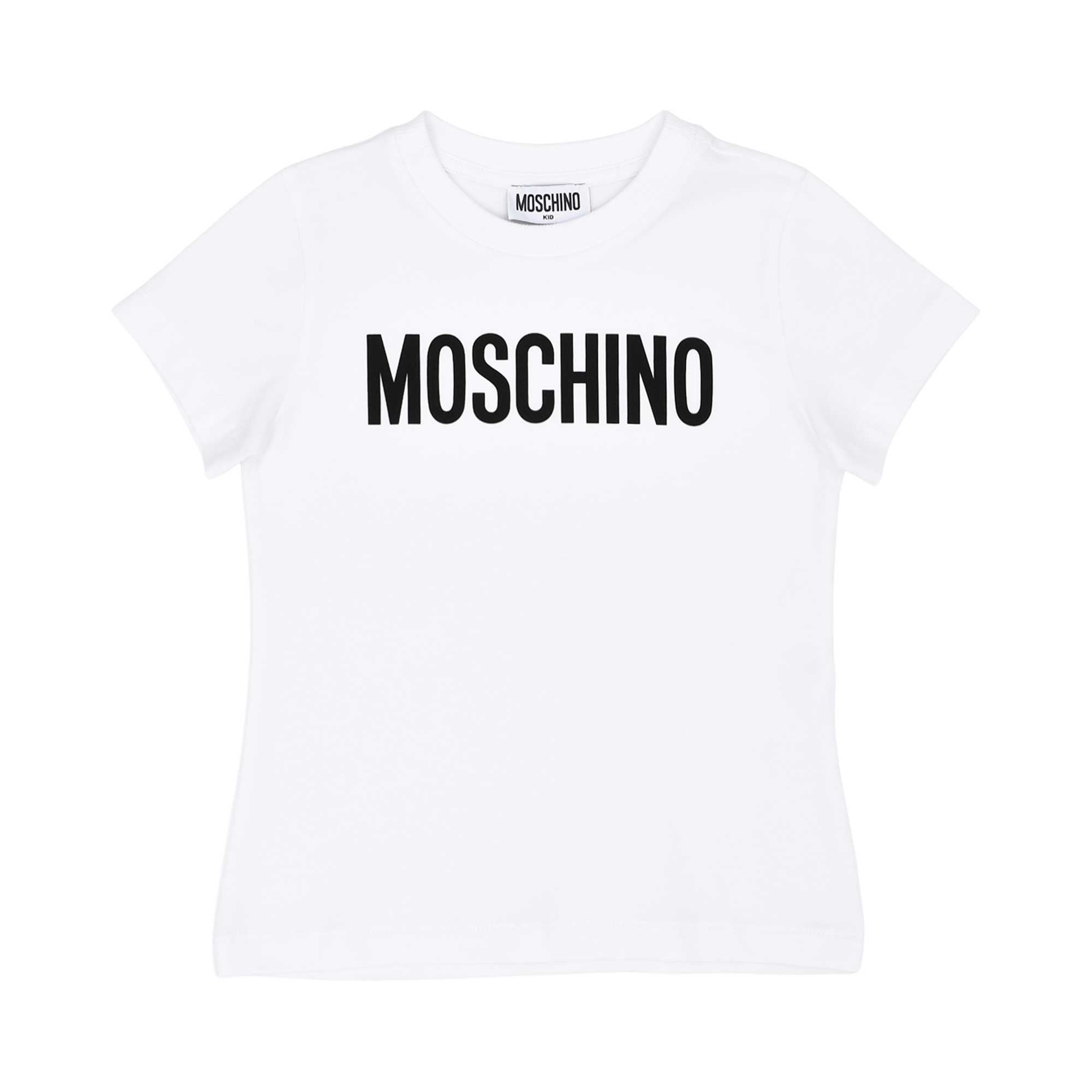 Close-up of the white cotton T-shirt showing the bold black Moschino logo across the chest.