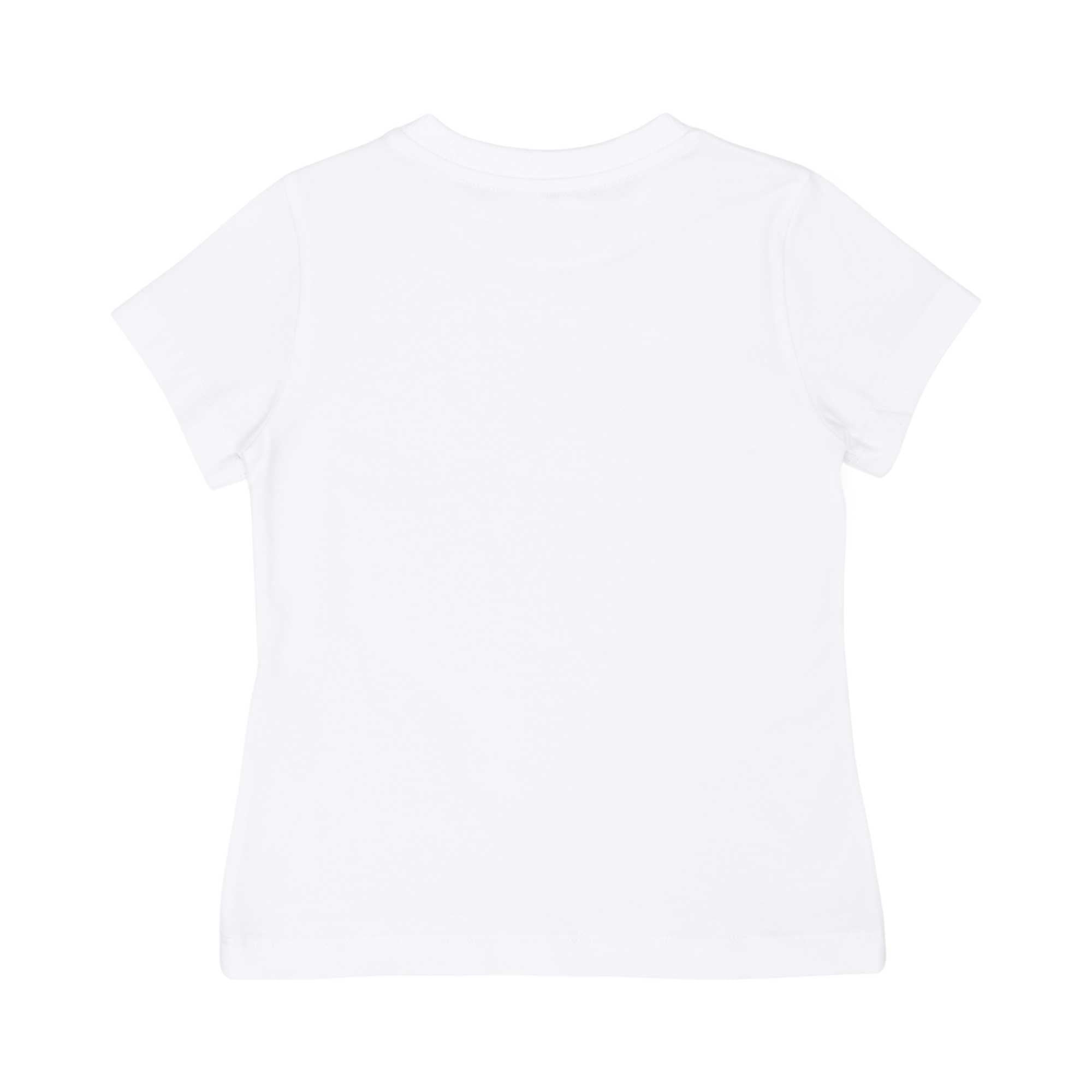 The plain back of a white short-sleeved cotton T-shirt for kids.