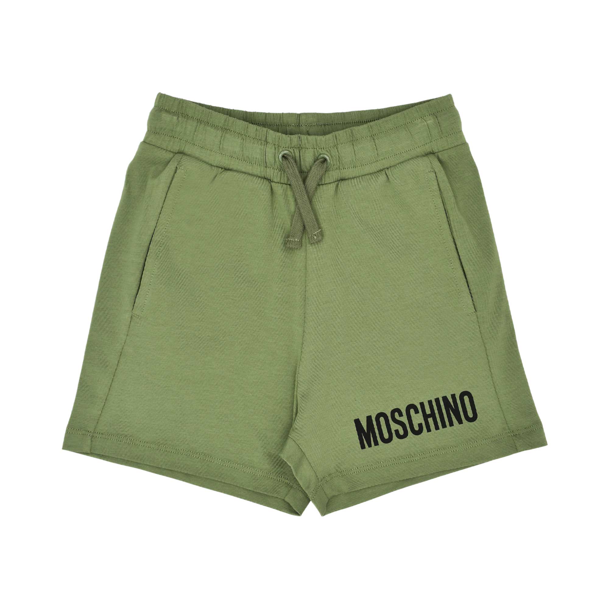 Detailed view of the olive green jersey shorts featuring an elastic drawstring waist and black Moschino logo.