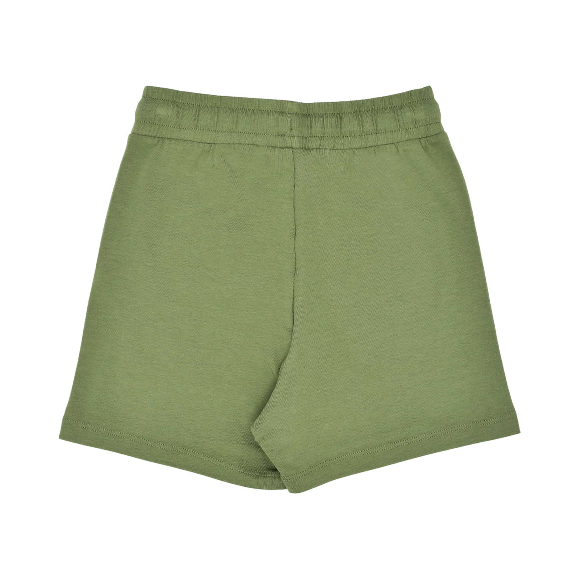 Rear view of the olive green children's shorts showcasing the elasticated waistband and smooth jersey finish.