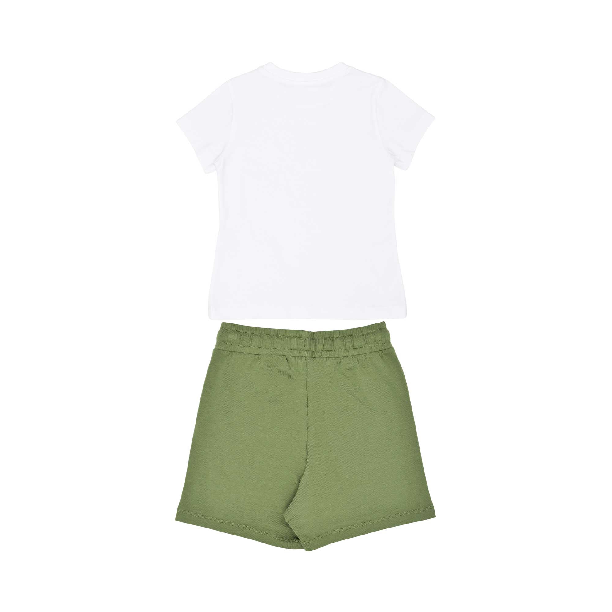 Rear view of a plain white children's T-shirt and olive green jersey shorts.