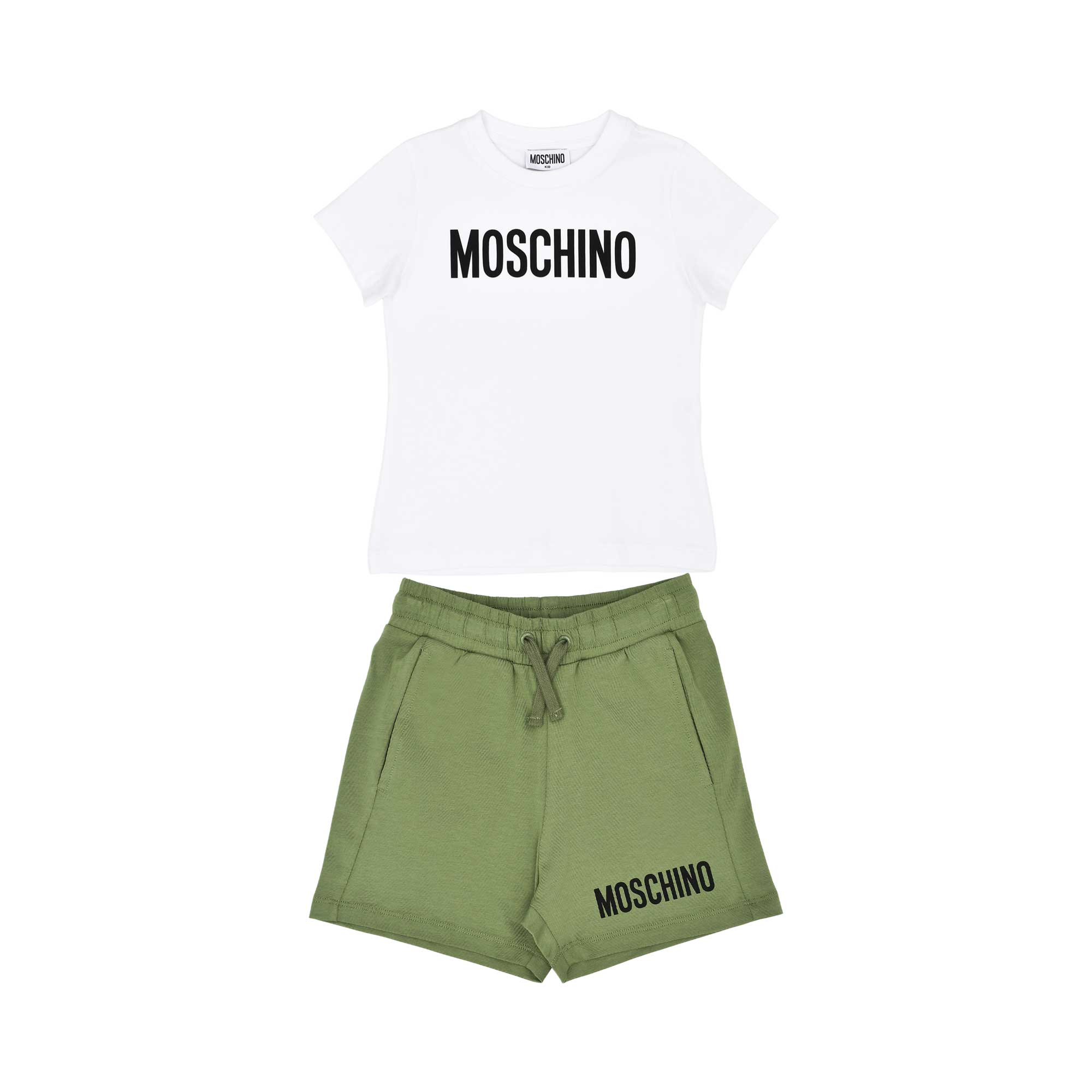 A children's two-piece set from Moschino Kid featuring a white logo T-shirt and olive green drawstring shorts.