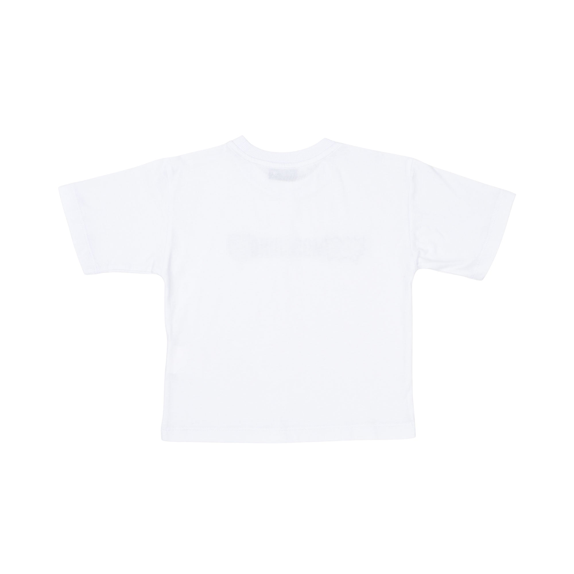 The plain back of the white cotton T-shirt showcasing a clean finish.